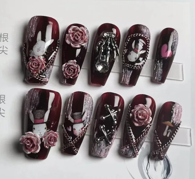 Handmade Beautiful Y2k Press on Nails Goth Style Black and Red - Halloween
