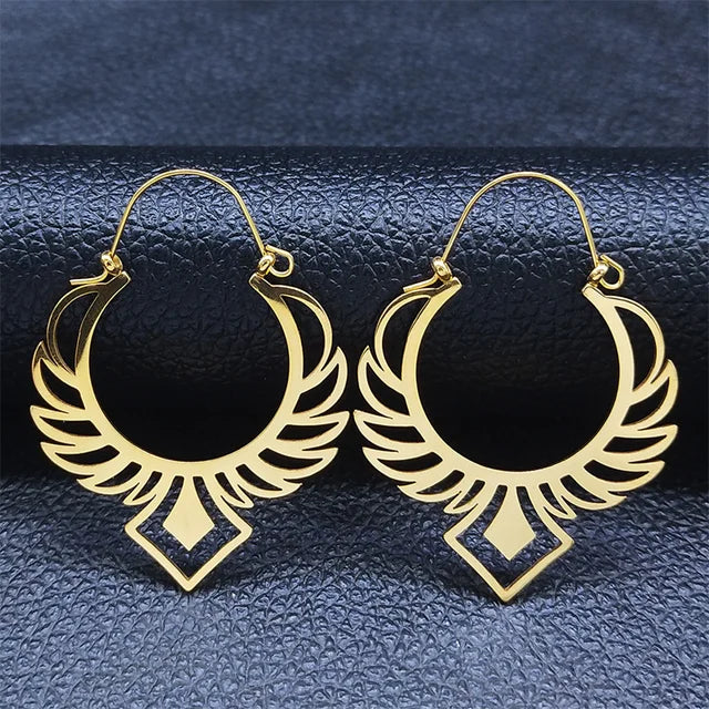 Stainless Steel Gold Color Big Flower Circle Earrings - Boho Jewery