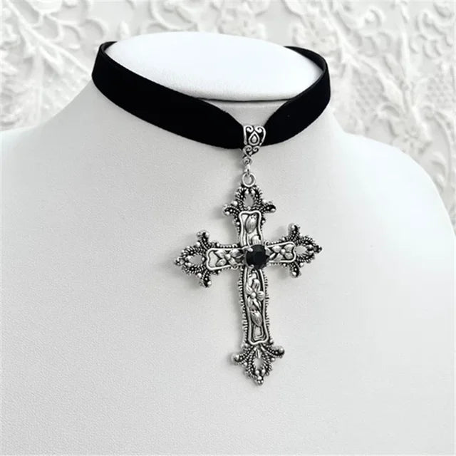 Goth Limited Black Velvet Cross Bead Choker