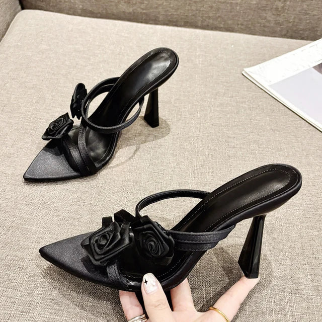 Liyke Fashion Design Green Silk Rose Flowers Slippers Sandal