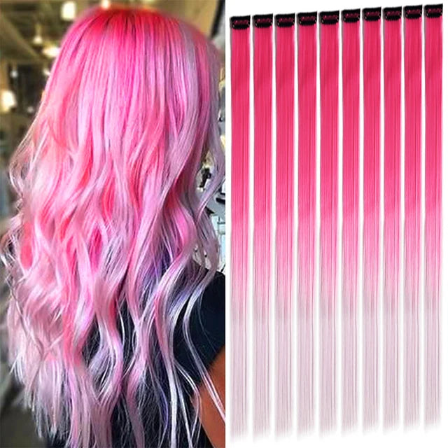 10Packs Straight Colored Clip-In Hair One Piece Long Synthetic Rainbow 22 Inchhair ex