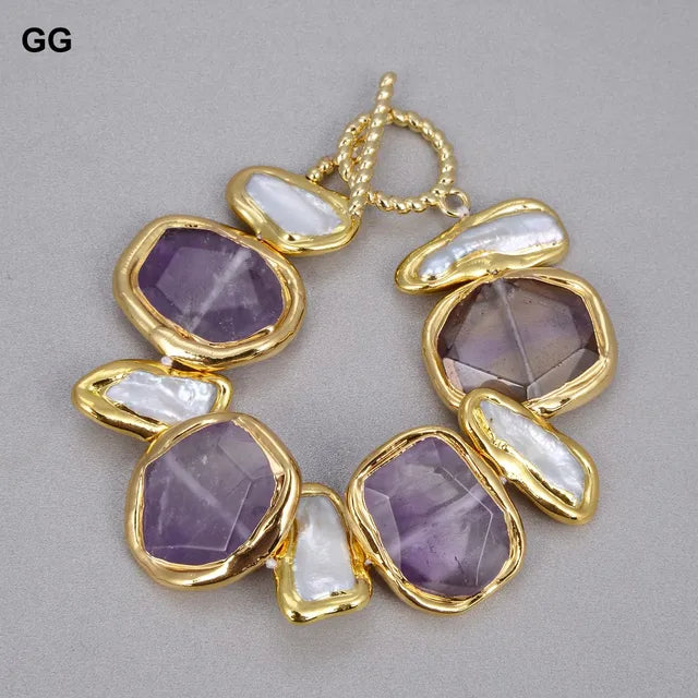 GuaiGuai Natural Freshwater White Biwa Pearl Green Nugget Amethysts Gold Plated Pendant Necklace Bracelet Earrings Sets
