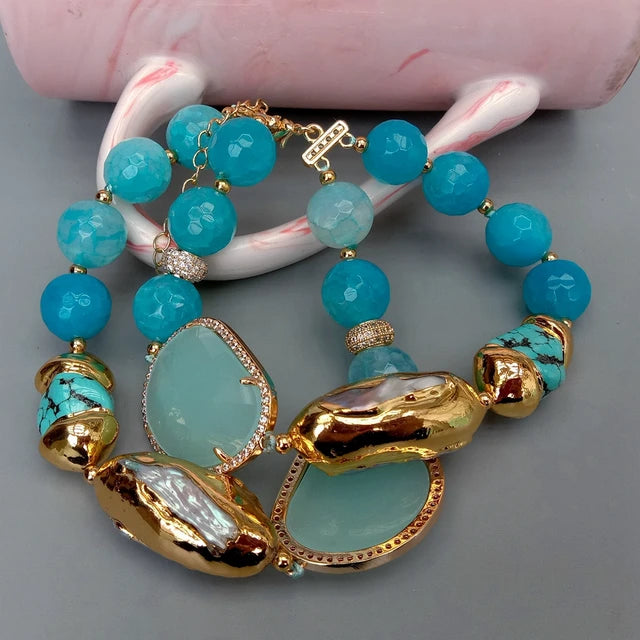 2 Rows Blue Faceted Agate Turquoise Cultured White Biwa Pearl Crystal Necklace Bracelet Earrings Set