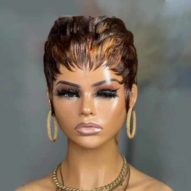 Colored Short Pixie Cut Human Hair Wigs - Glueless Wear And Go