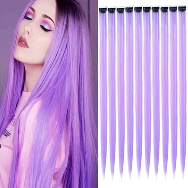 10Packs Straight Colored Clip-In Hair One Piece Long Synthetic Rainbow 22 Inchhair ex