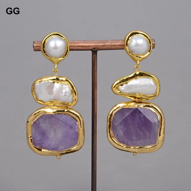 GuaiGuai Natural Freshwater White Biwa Pearl Green Nugget Amethysts Gold Plated Pendant Necklace Bracelet Earrings Sets