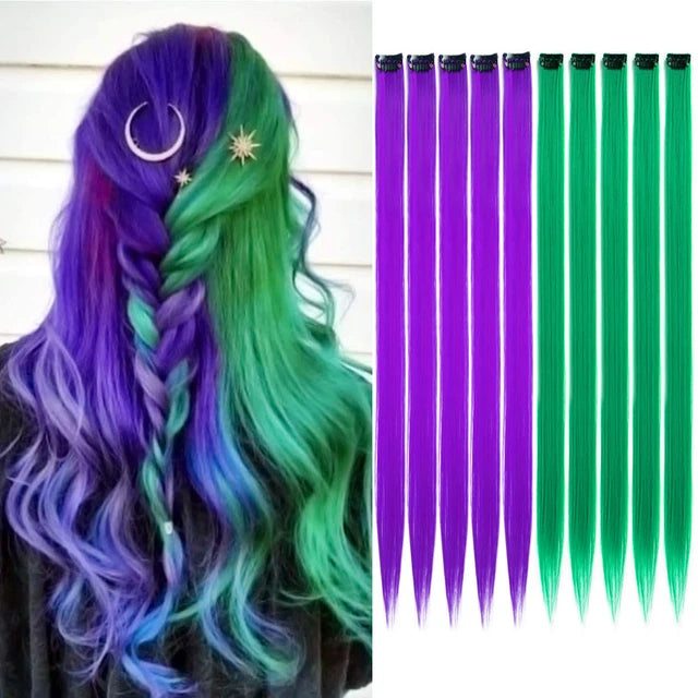 10Packs Straight Colored Clip-In Hair One Piece Long Synthetic Rainbow 22 Inchhair ex