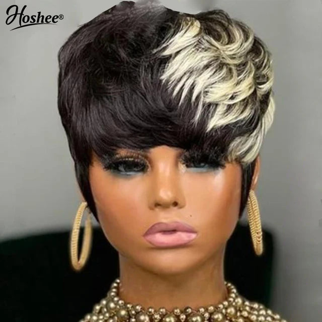 Colored Short Pixie Cut Human Hair Wigs - Glueless Wear And Go