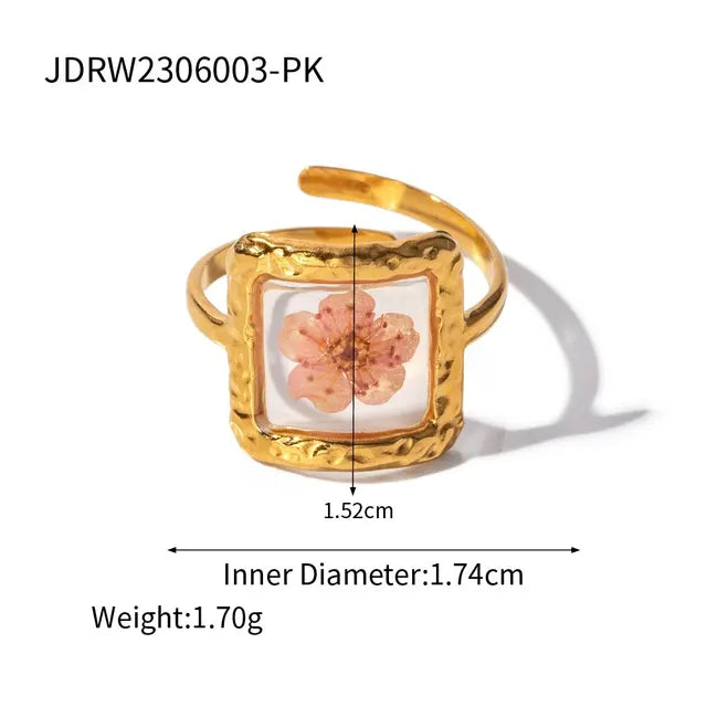 Literary Retro Eternity Flower Design 18K Gold Plated Adjustable Stainless Steel Ring
