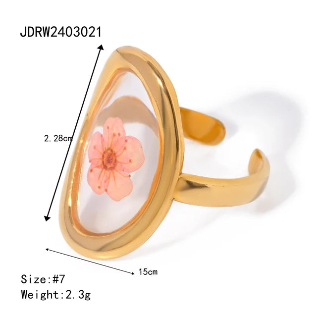 Literary Retro Eternity Flower Design 18K Gold Plated Adjustable Stainless Steel Ring