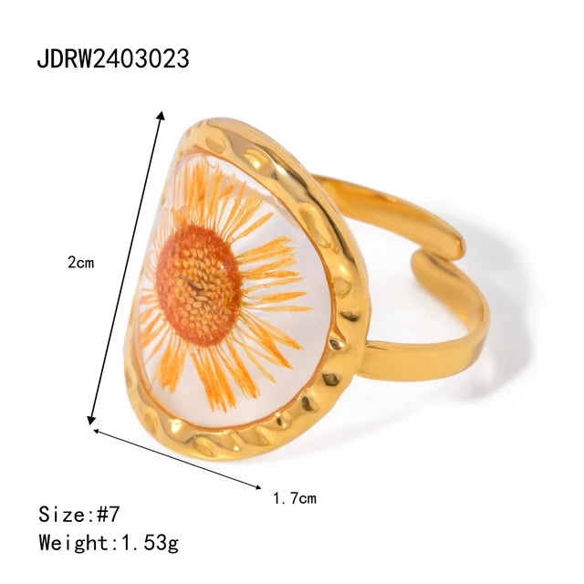 Literary Retro Eternity Flower Design 18K Gold Plated Adjustable Stainless Steel Ring