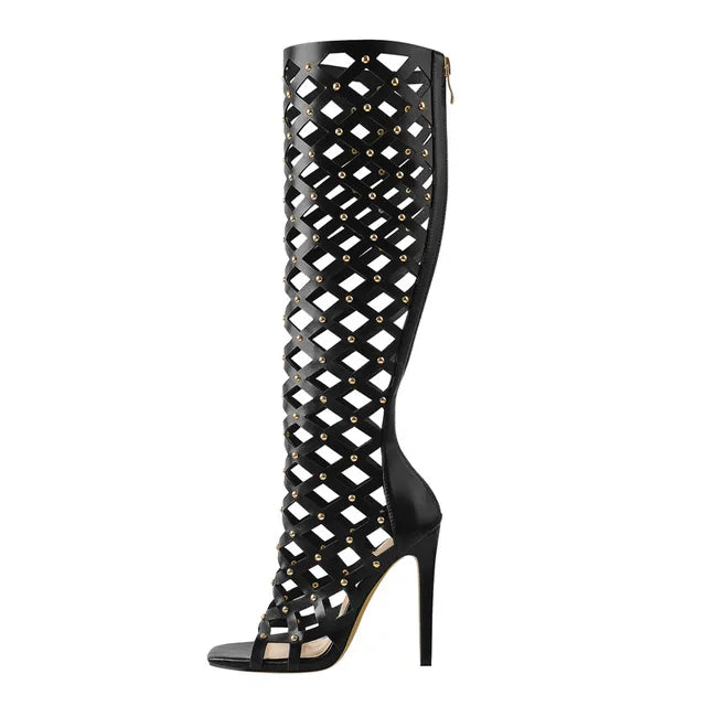 Onlymaker Women Peep Toe Black Hollow Grid Stiletto Knee High Boots