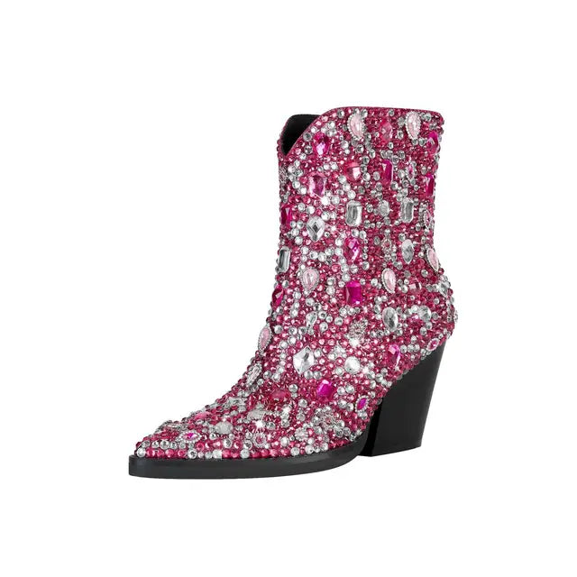 Pointed Rhinestone Ankle Boots Western Cowboy Boots
