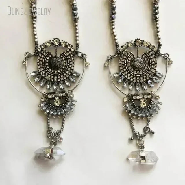 Raw Black Tourmaline Herkimer Quartz Crystal Necklace