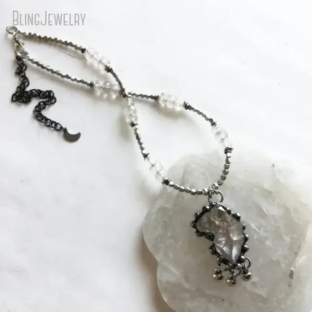 Raw Black Tourmaline Herkimer Quartz Crystal Necklace