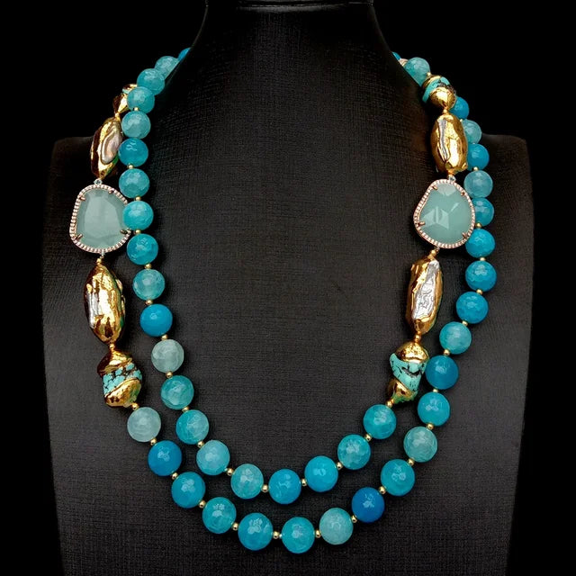 2 Rows Blue Faceted Agate Turquoise Cultured White Biwa Pearl Crystal Necklace Bracelet Earrings Set