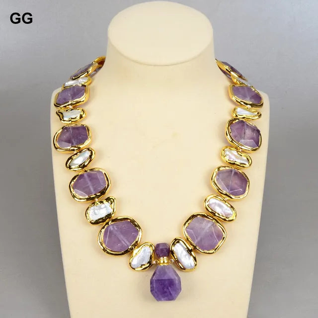 GuaiGuai Natural Freshwater White Biwa Pearl Green Nugget Amethysts Gold Plated Pendant Necklace Bracelet Earrings Sets