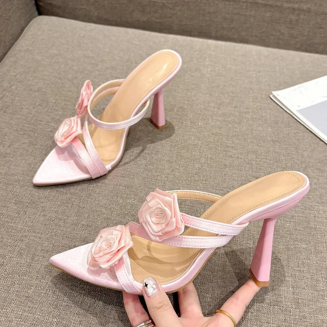 Liyke Fashion Design Green Silk Rose Flowers Slippers Sandal