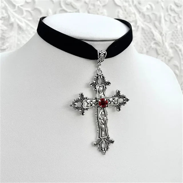 Goth Limited Black Velvet Cross Bead Choker