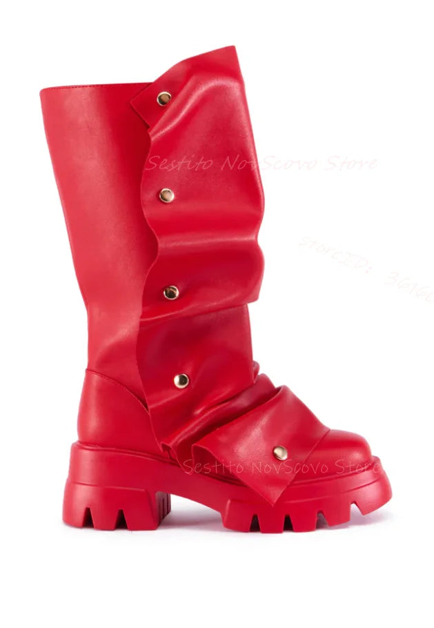 Button Flat Boot In Red - Thick Bottom