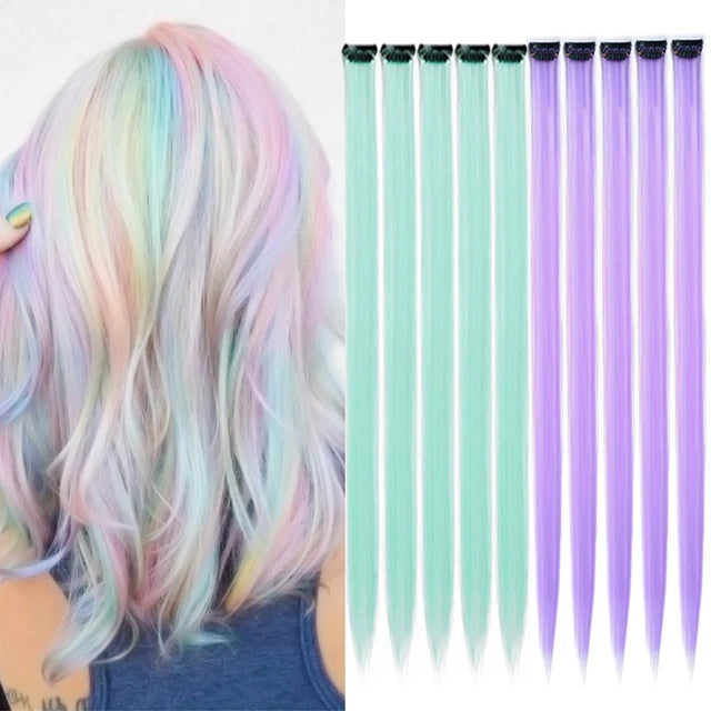 10Packs Straight Colored Clip-In Hair One Piece Long Synthetic Rainbow 22 Inchhair ex