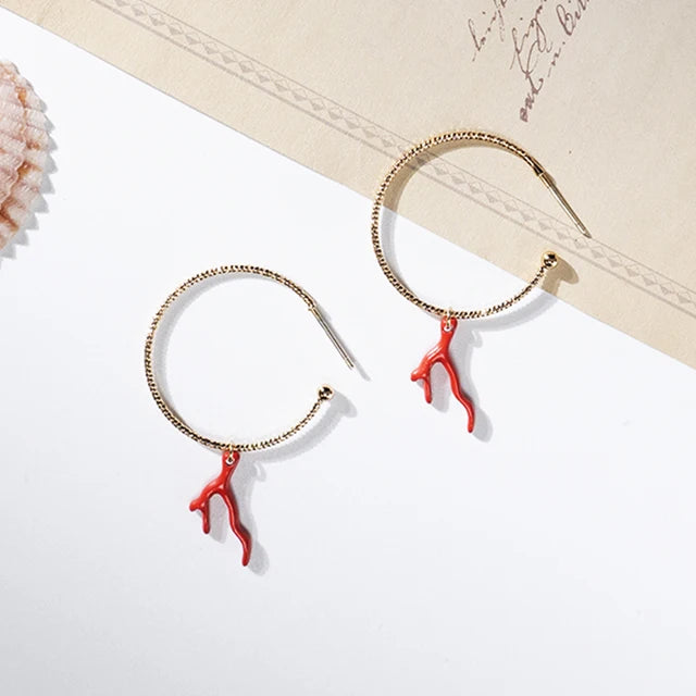 Red Enamel Coral Tree Antlers Acrylic Resin Dangle Earrings