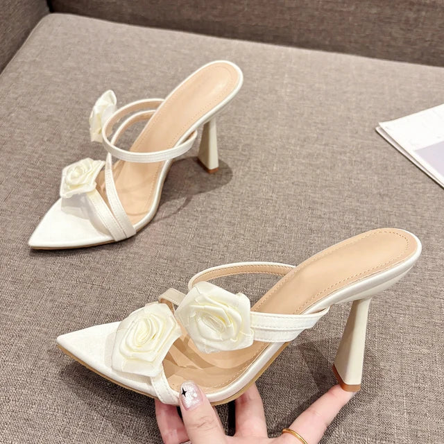 Liyke Fashion Design Green Silk Rose Flowers Slippers Sandal