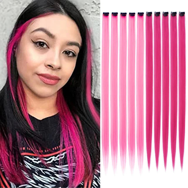 10Packs Straight Colored Clip-In Hair One Piece Long Synthetic Rainbow 22 Inchhair ex