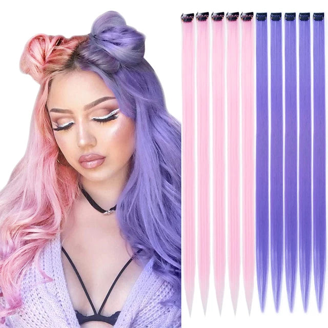 10Packs Straight Colored Clip-In Hair One Piece Long Synthetic Rainbow 22 Inchhair ex
