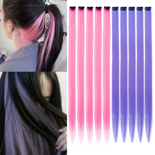 10Packs Straight Colored Clip-In Hair One Piece Long Synthetic Rainbow 22 Inchhair ex