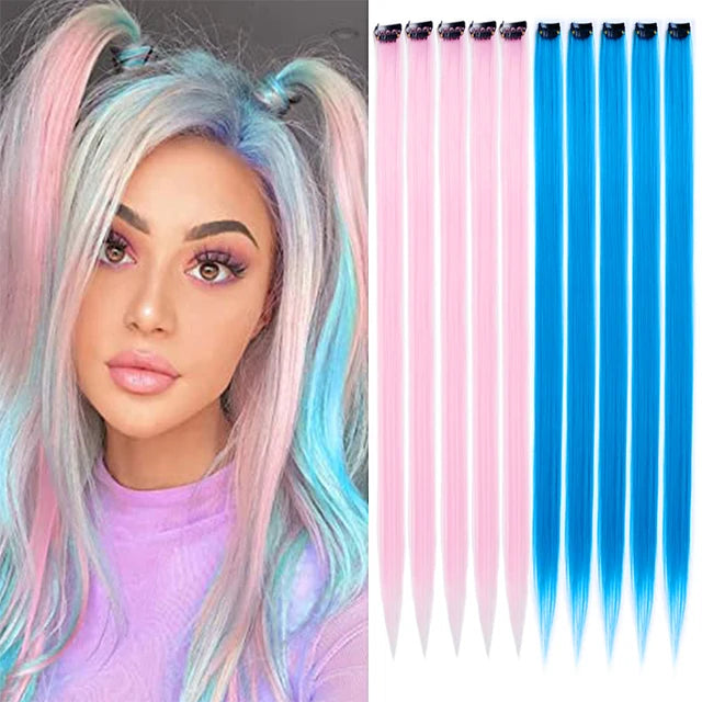 10Packs Straight Colored Clip-In Hair One Piece Long Synthetic Rainbow 22 Inchhair ex