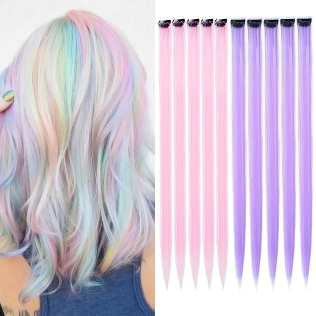 10Packs Straight Colored Clip-In Hair One Piece Long Synthetic Rainbow 22 Inchhair ex
