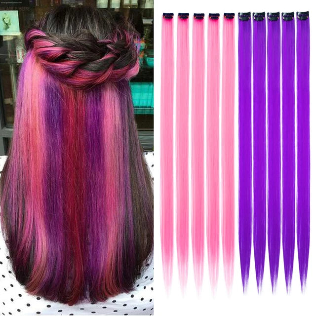 10Packs Straight Colored Clip-In Hair One Piece Long Synthetic Rainbow 22 Inchhair ex