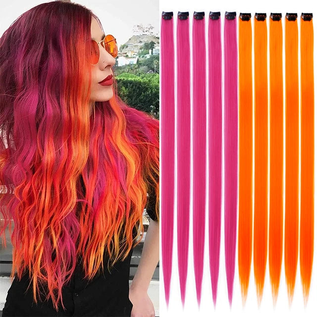 10Packs Straight Colored Clip-In Hair One Piece Long Synthetic Rainbow 22 Inchhair ex
