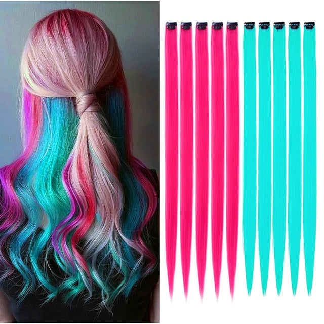 10Packs Straight Colored Clip-In Hair One Piece Long Synthetic Rainbow 22 Inchhair ex
