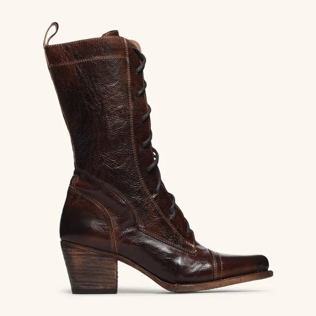 Linamong Vintage Style Green Brown Leather Patchwork Boots