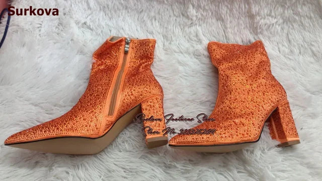 Surkova Glitter Crystal Chunky Heel Ankle Boots
