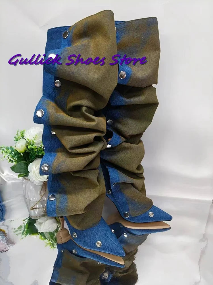 Pleated Mixed Color Long Stiletto Boots- Metal Rivets