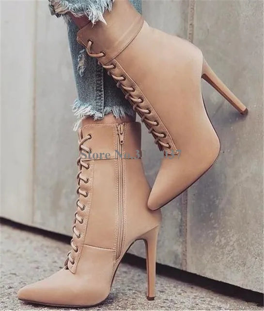 Linamong Pointed Toe Suede Leather Stiletto Short Boots Y