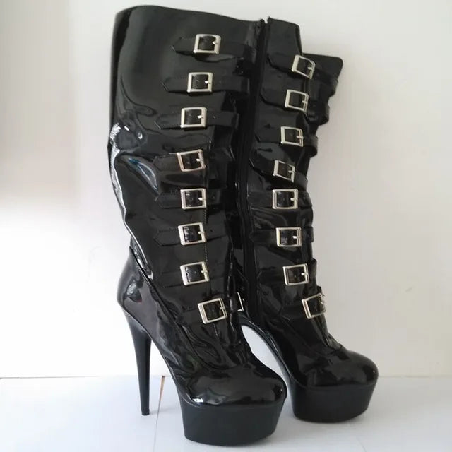 LAIJIANJINXIA Buckle Black Knee-High Boots