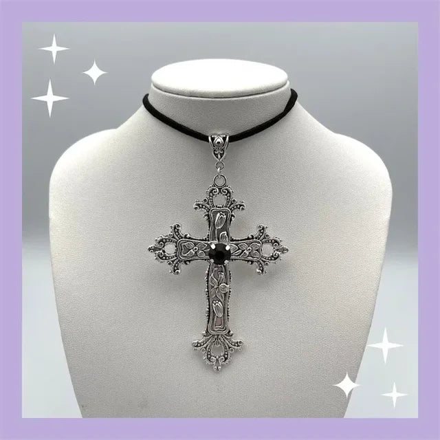 Goth Limited Black Velvet Cross Bead Choker