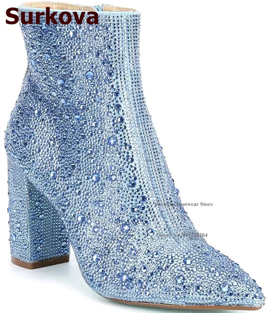 Surkova Glitter Crystal Chunky Heel Ankle Boots