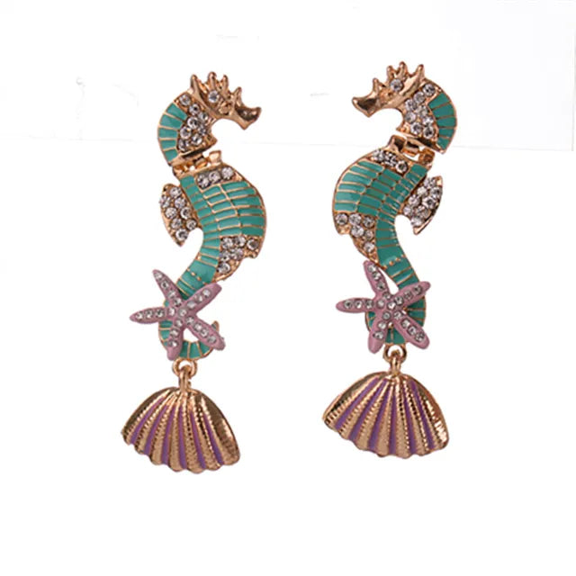 LUBOV Gorgeous Sea Horses Starfish Seashell Statement Earrings