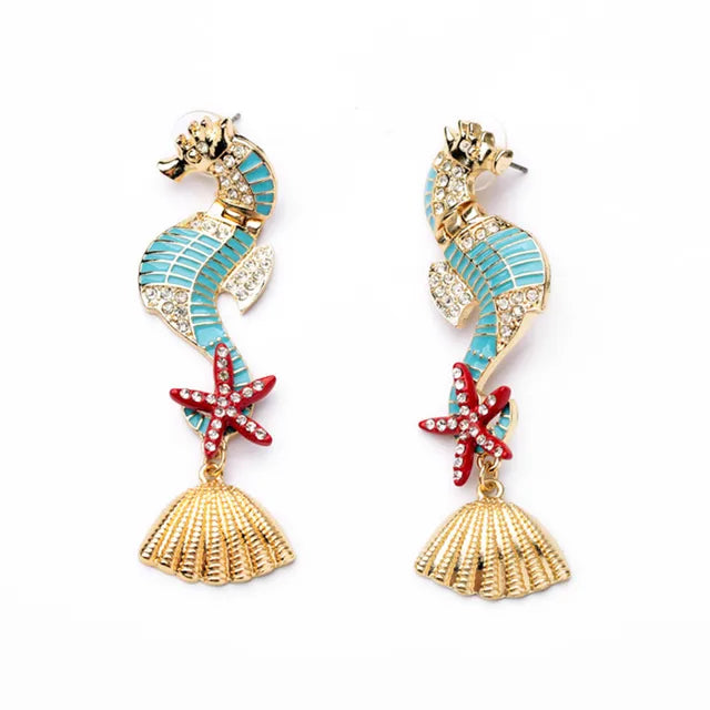 LUBOV Gorgeous Sea Horses Starfish Seashell Statement Earrings