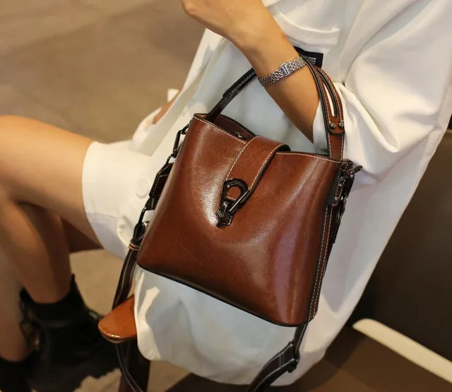 Real Oil Wax Leather Bucket Bag
