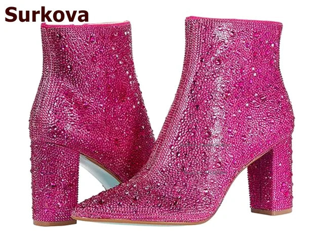 Surkova Glitter Crystal Chunky Heel Ankle Boots