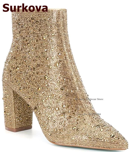 Surkova Glitter Crystal Chunky Heel Ankle Boots