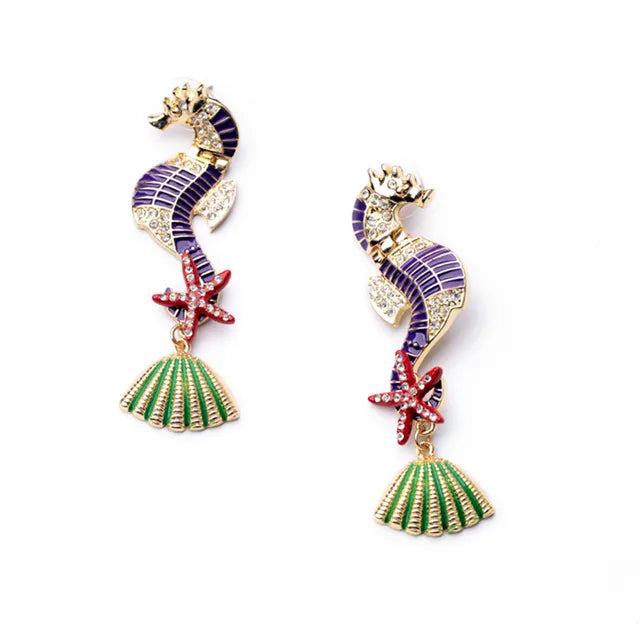 LUBOV Gorgeous Sea Horses Starfish Seashell Statement Earrings