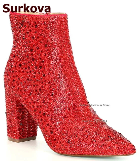 Surkova Glitter Crystal Chunky Heel Ankle Boots