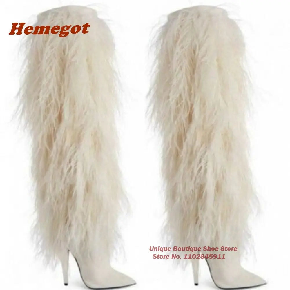 Hemegot Black Furry Knee-Length Boots
